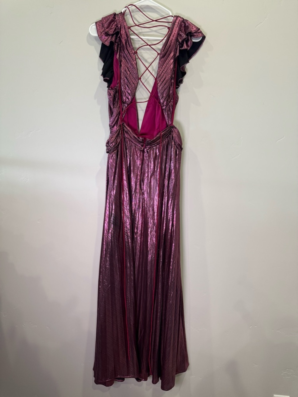 Ieena for Mac Duggal Ruffle Sleeve Metallic Gown Plum Pleated Gown - Picture 3 of 4